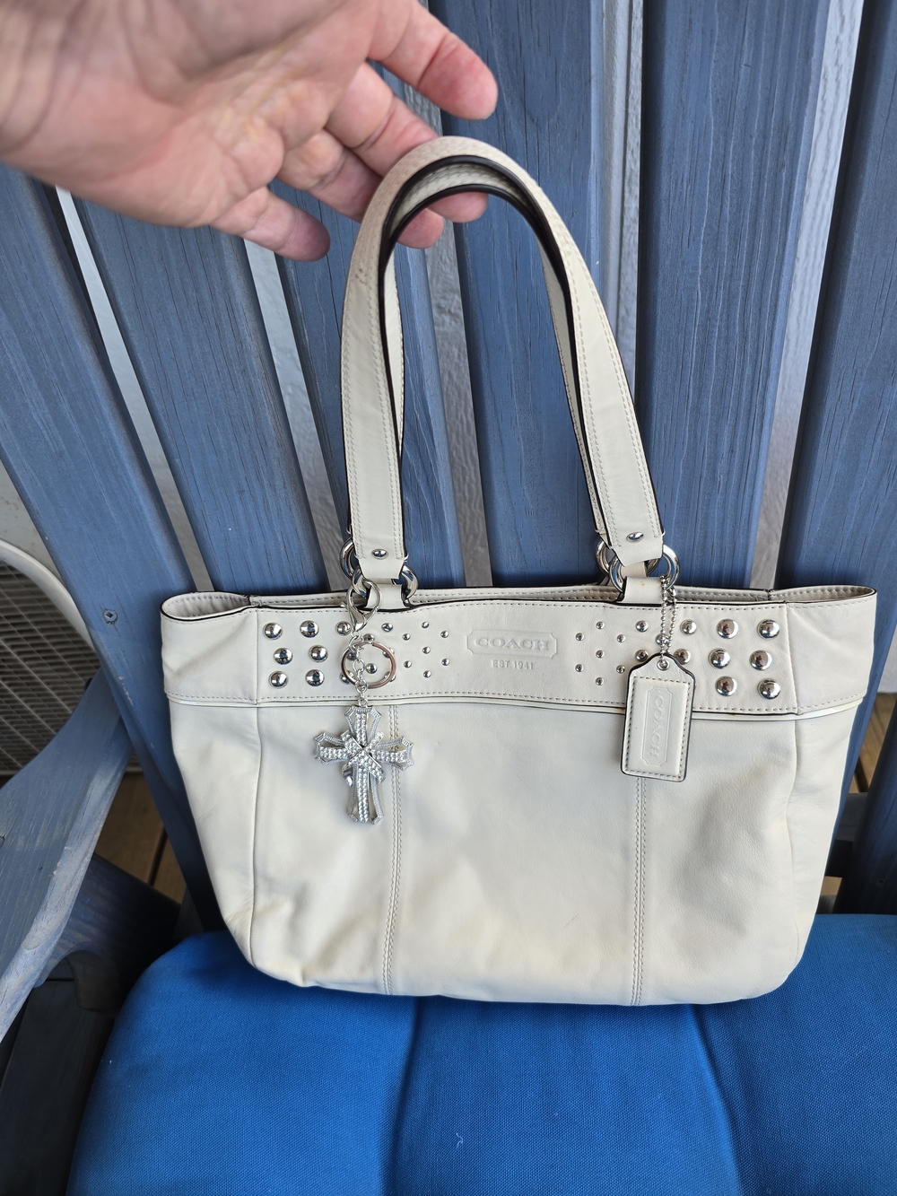 Coach White Leather Studded Tote with Cross Charm